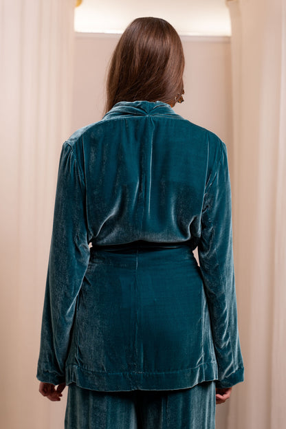 Giacca Kimono in Seta 100% Color Ottanio con Fusciacca