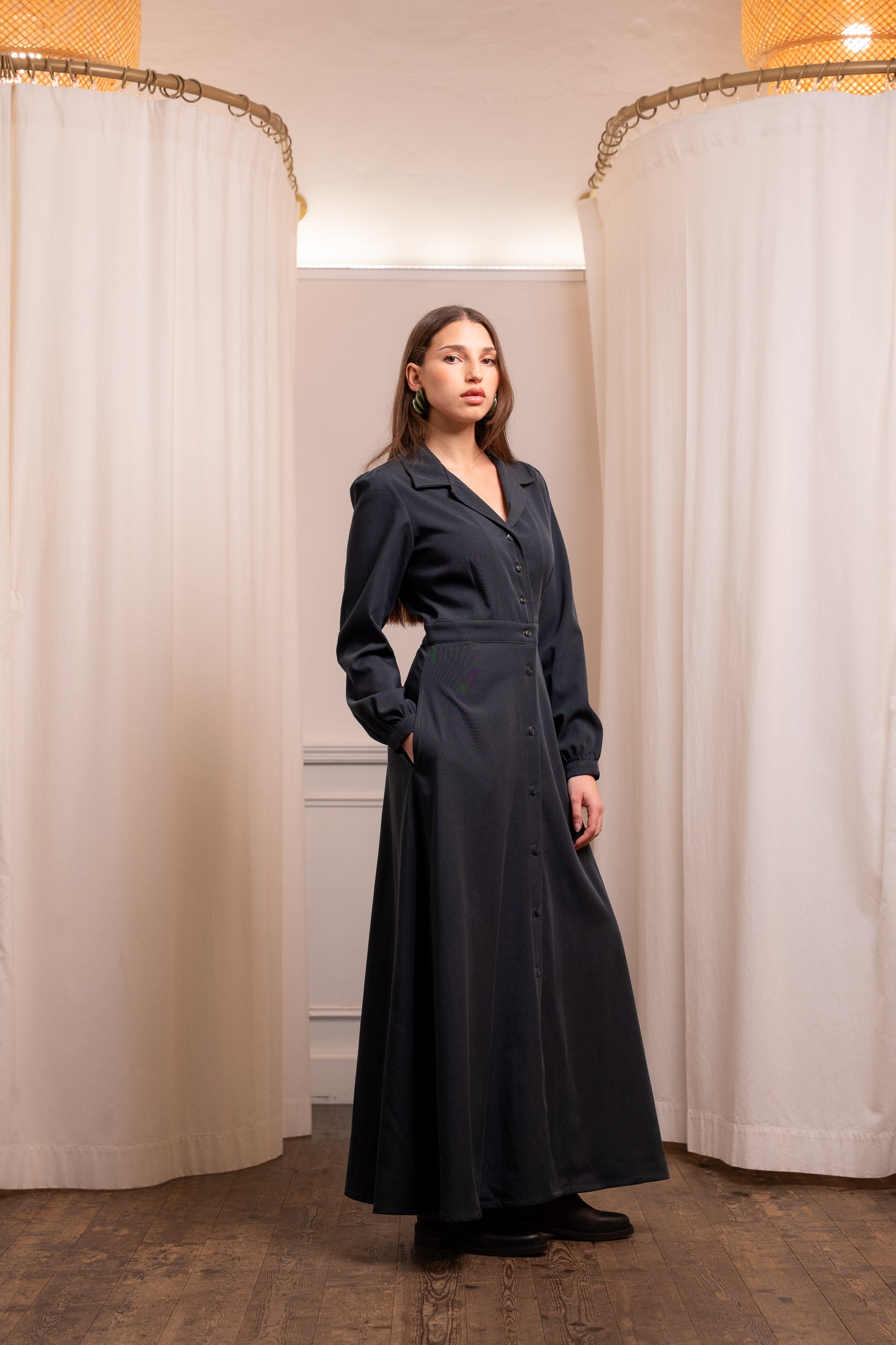 Chemisier Verde Scuro Lana - Abito Camicia Sartoriale Made in Italy