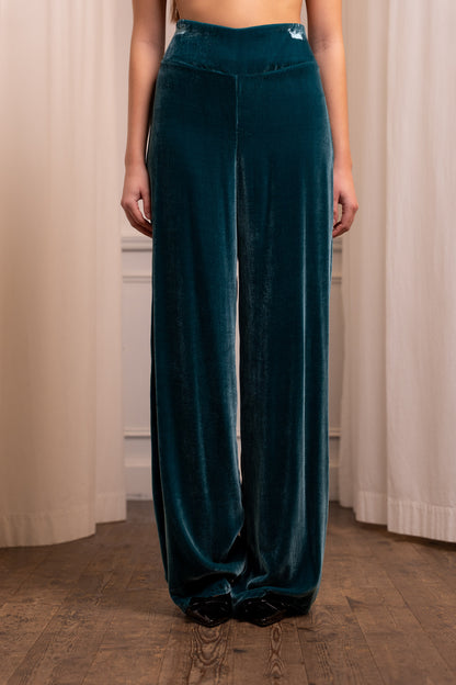 Pantalone Palazzo in Velluto di Seta 100% Ottanio - Made in Italy
