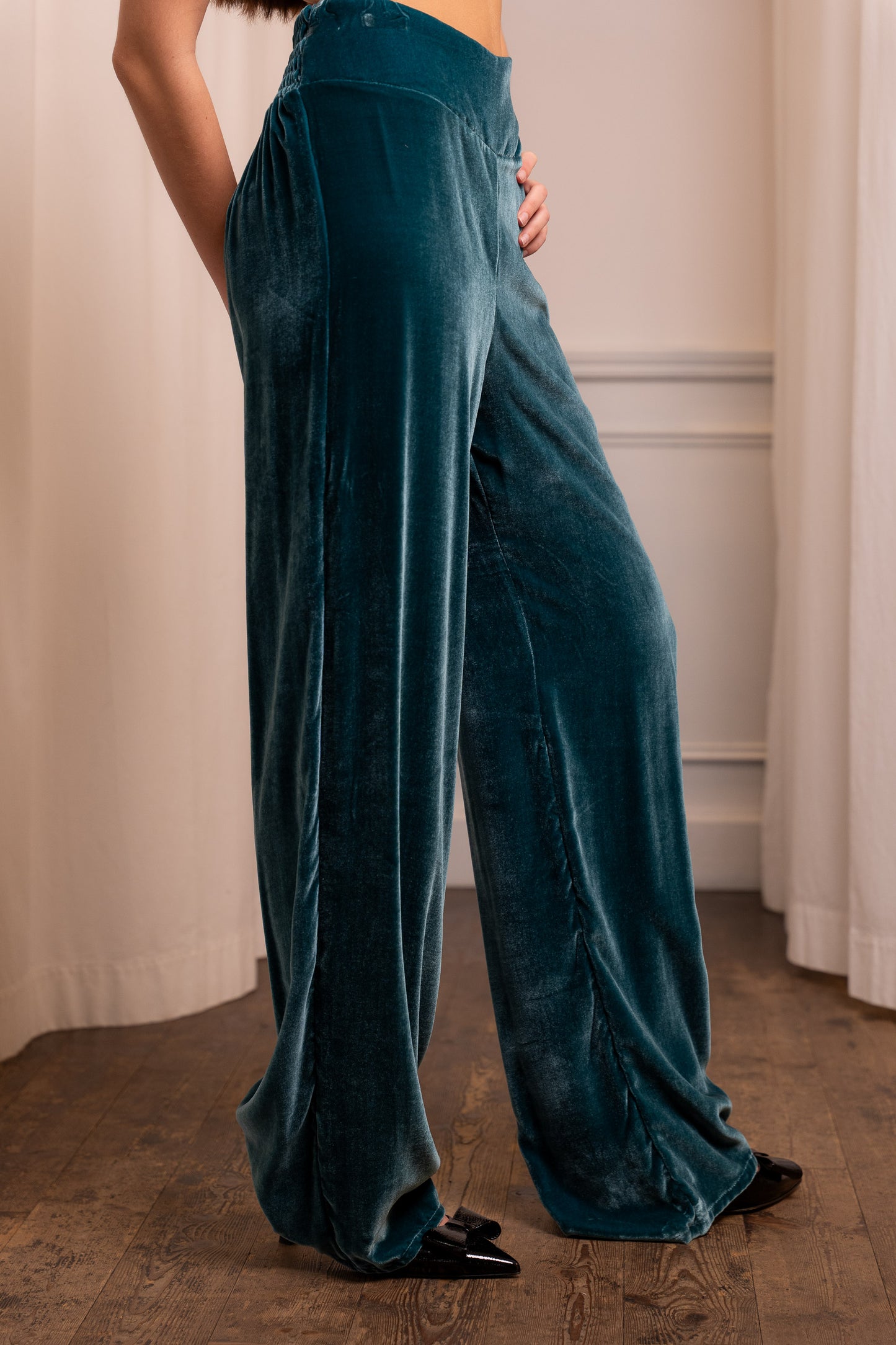 Pantalone Palazzo in Velluto di Seta 100% Ottanio - Made in Italy