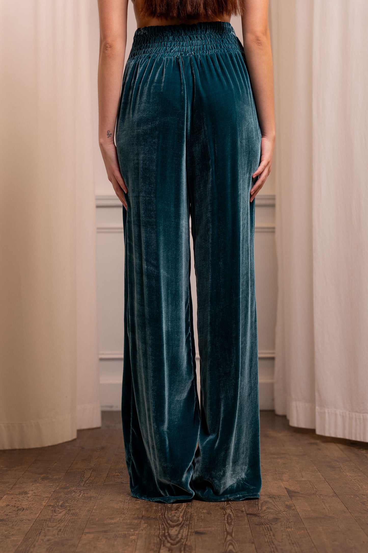 Pantalone Palazzo in Velluto di Seta 100% Ottanio - Made in Italy