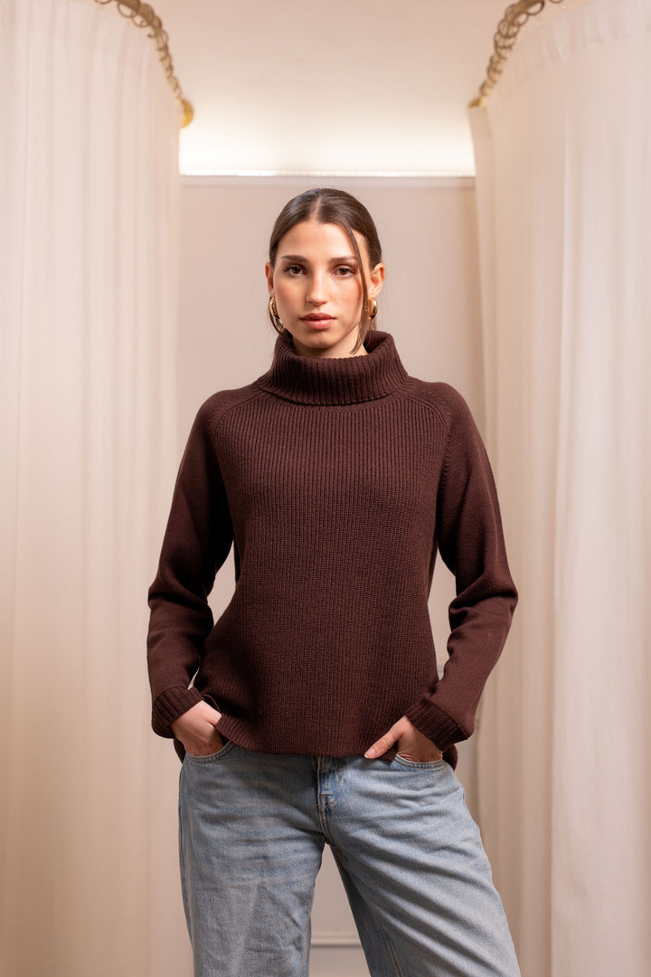 Maglione Collo Alto Cioccolato in Lana Merinos Extrafine 100% - Artigianato Biella