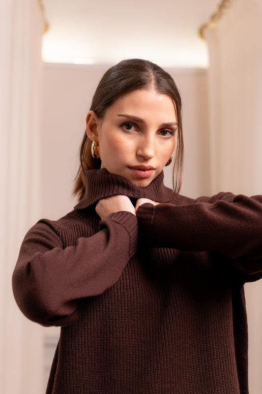 Maglione Collo Alto Cioccolato in Lana Merinos Extrafine 100% - Artigianato Biella