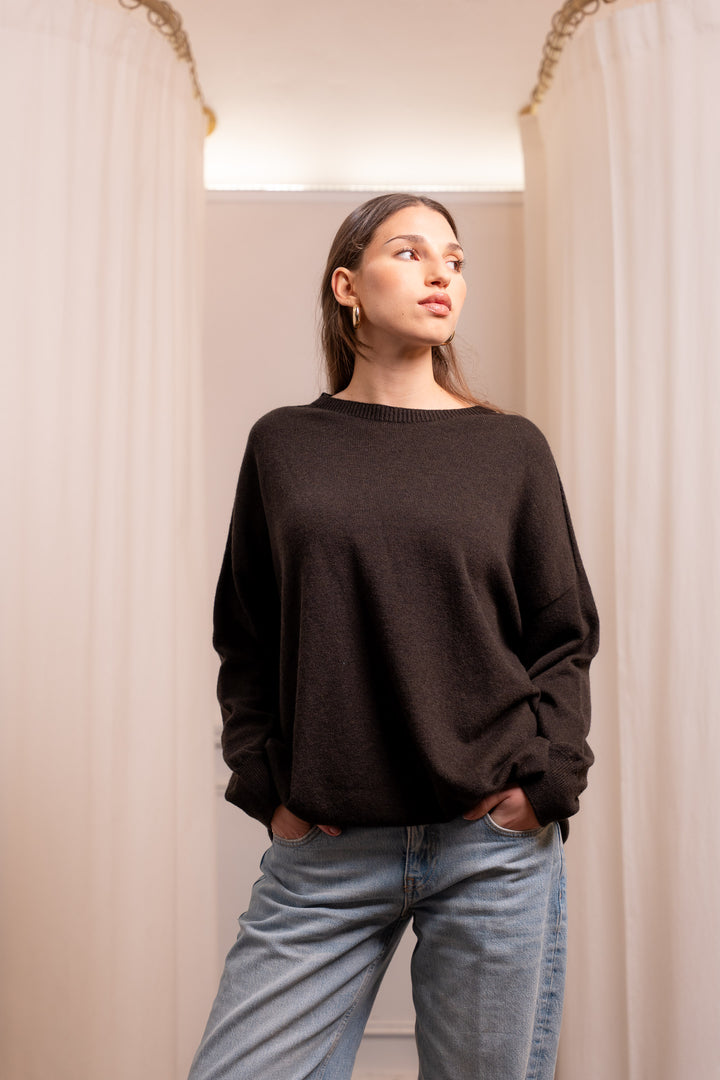 Oversized Chocolate Wool and Cashmere Sweater - Handmade in Italy