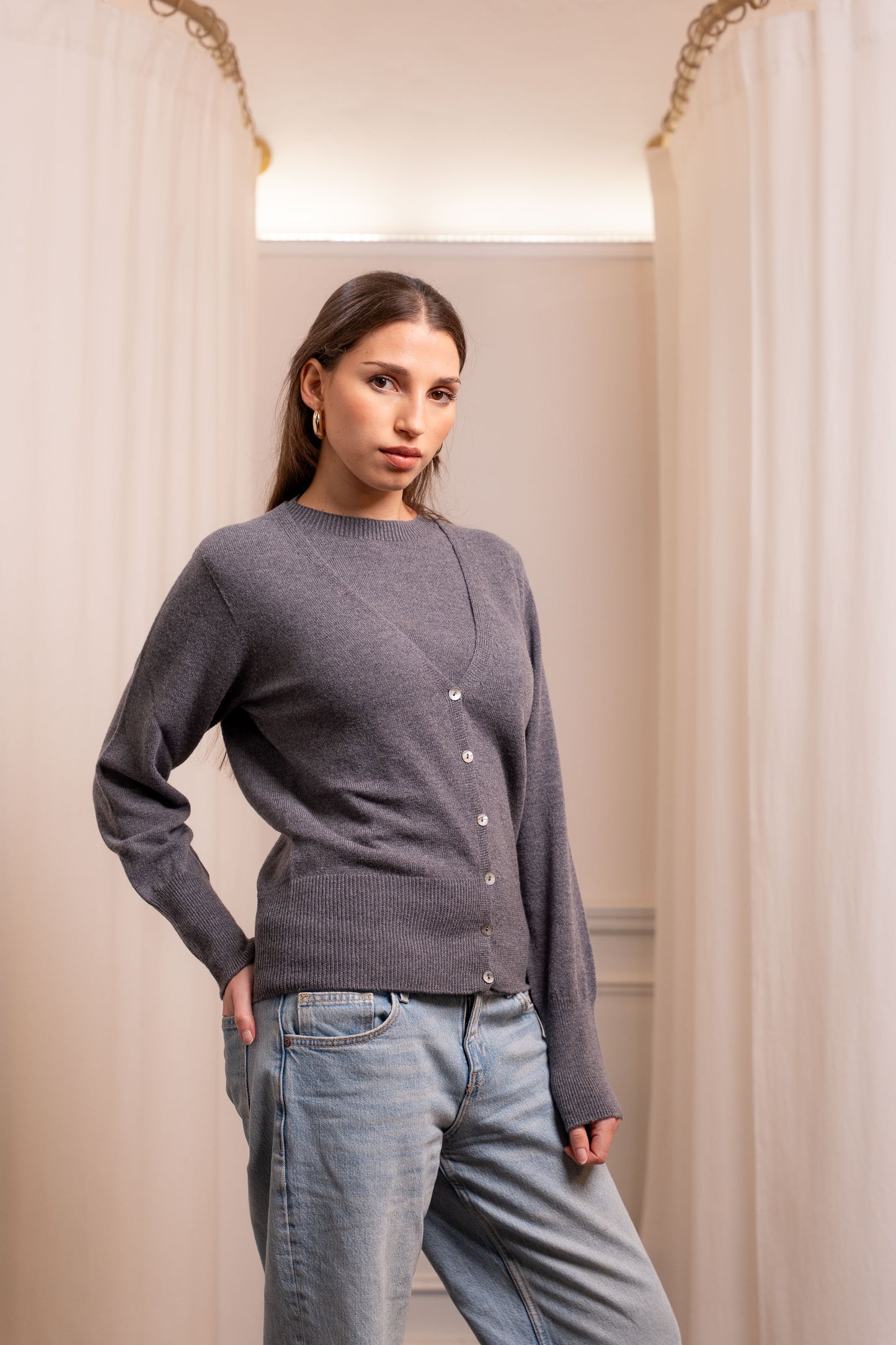Coordinato Twin Set Lana Cashmere Grigio - Cardigan e Top Made in Italy