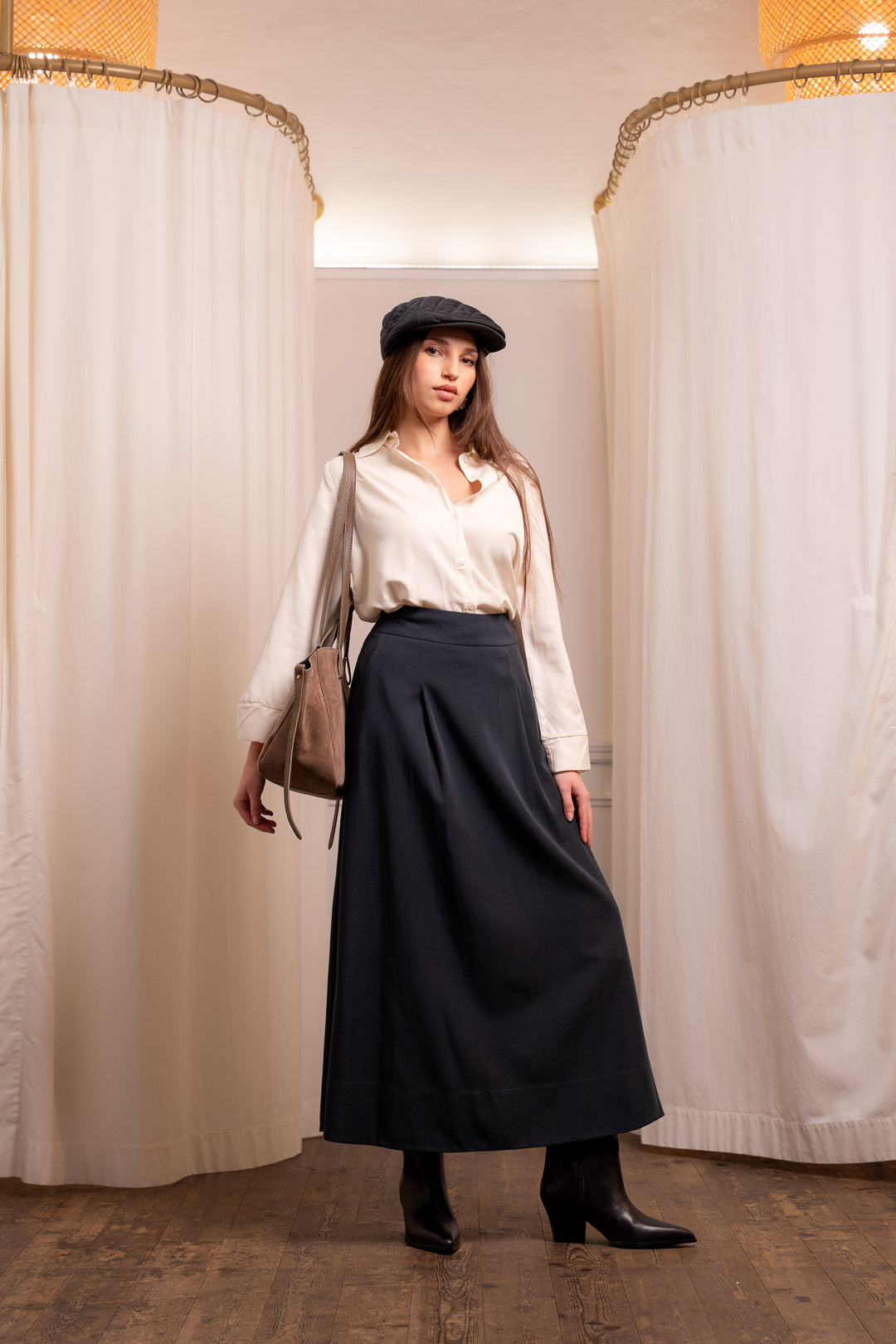 Veronica Green Wool Skirt - Pleats and Pockets Made in Italy