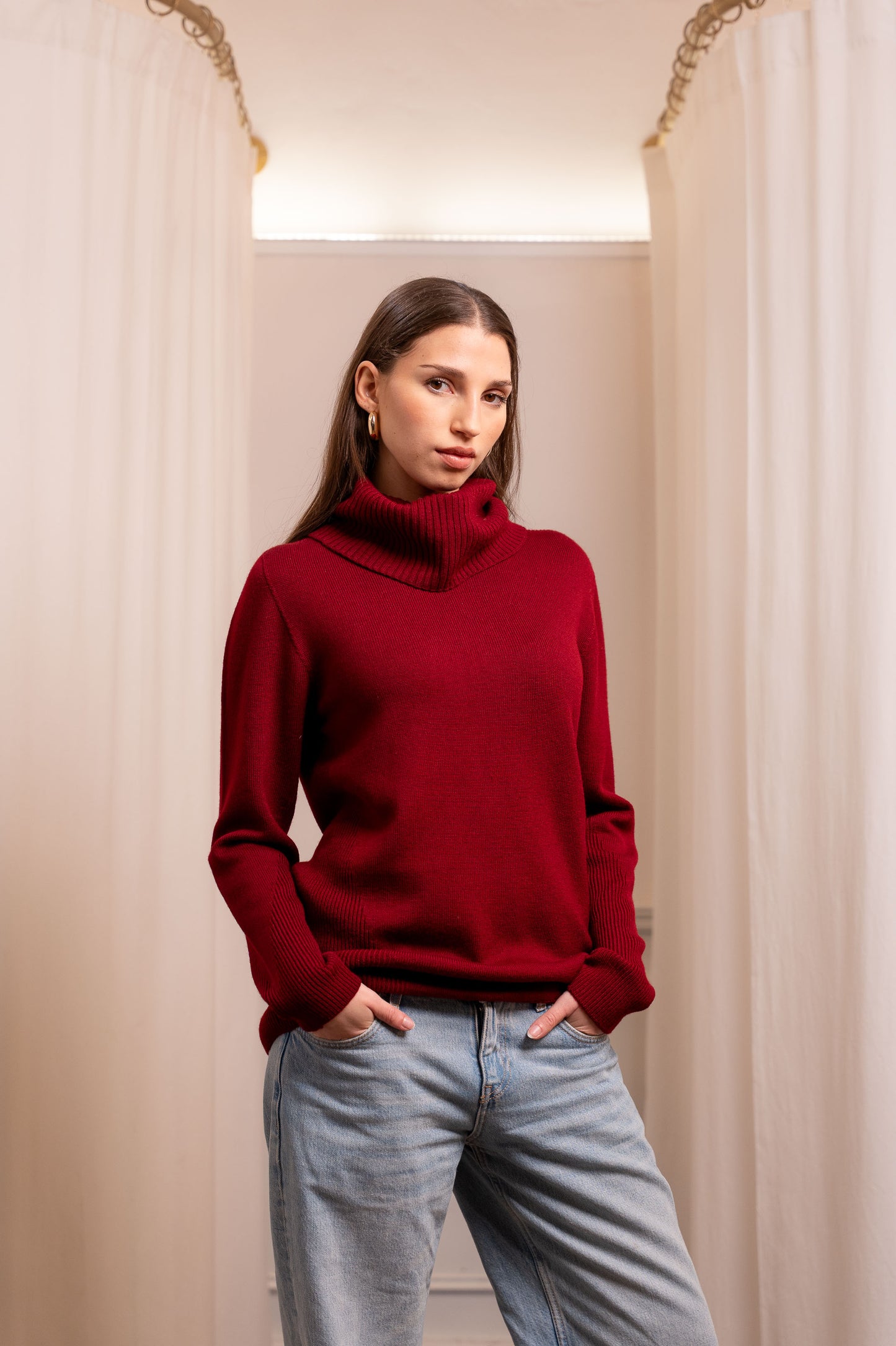 Maglione Collo Alto Rosso Lana Merinos - Made in Biella Italy