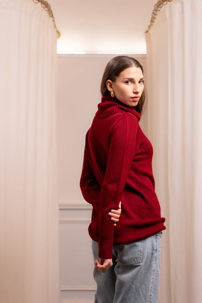 Maglione Collo Alto Rosso Lana Merinos - Made in Biella Italy