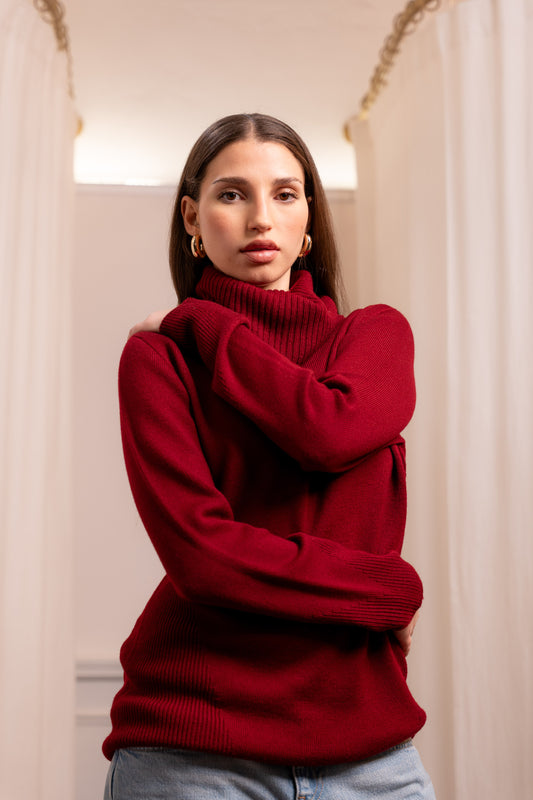 Maglione Collo Alto Rosso Lana Merinos - Made in Biella Italy