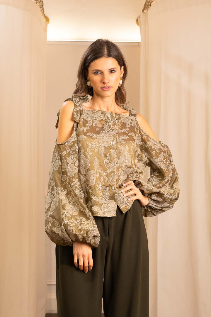 Camicia Ricamata in Lyocell con Spalle Scoperte e Manica a Palloncino – Verde
