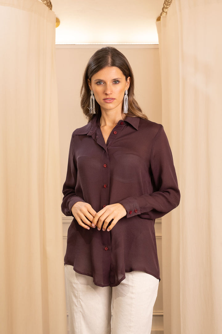 Camicia in Georgette di Seta Pura Color Prugna