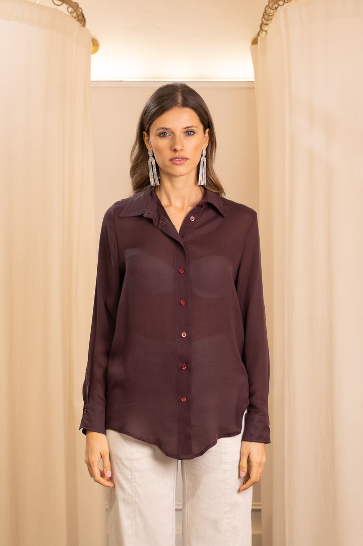 Camicia in Georgette di Seta Pura Color Prugna