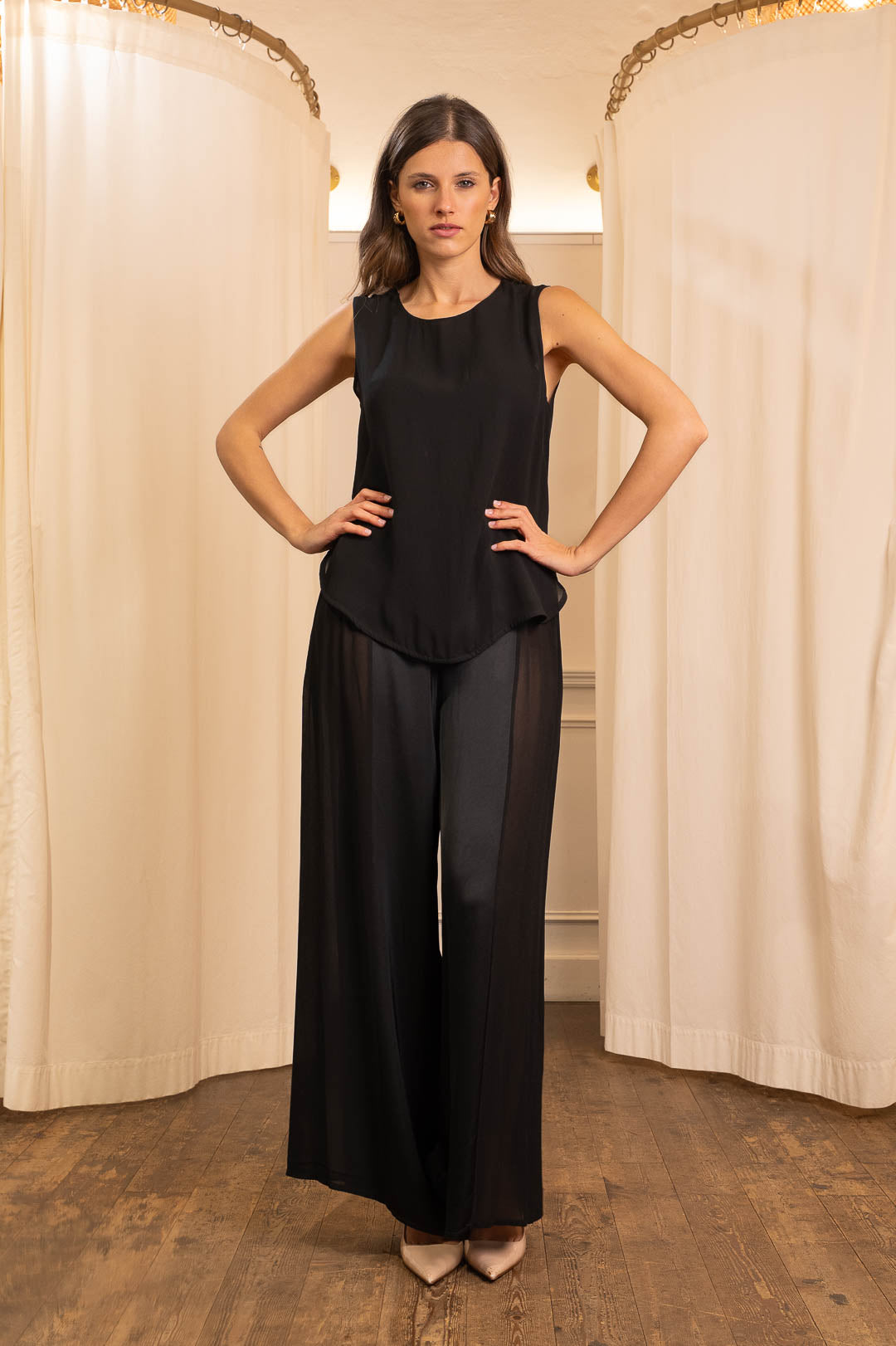 Pantalone Palazzo in Raso e Georgette Nero