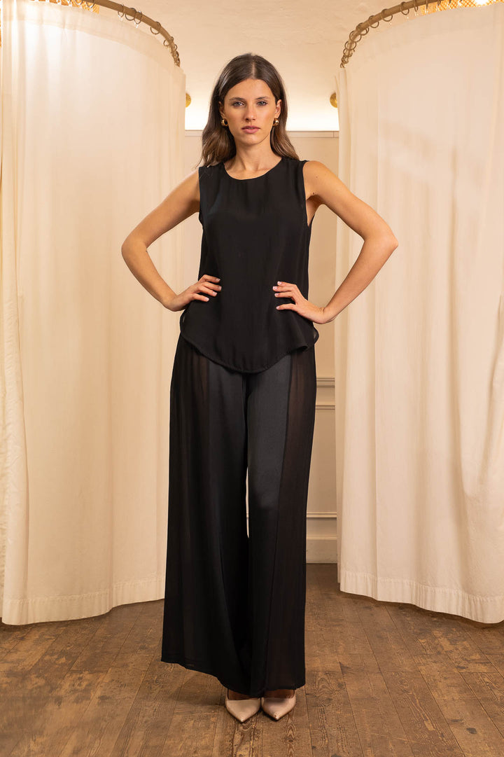 Pantalone Palazzo in Raso e Georgette Nero