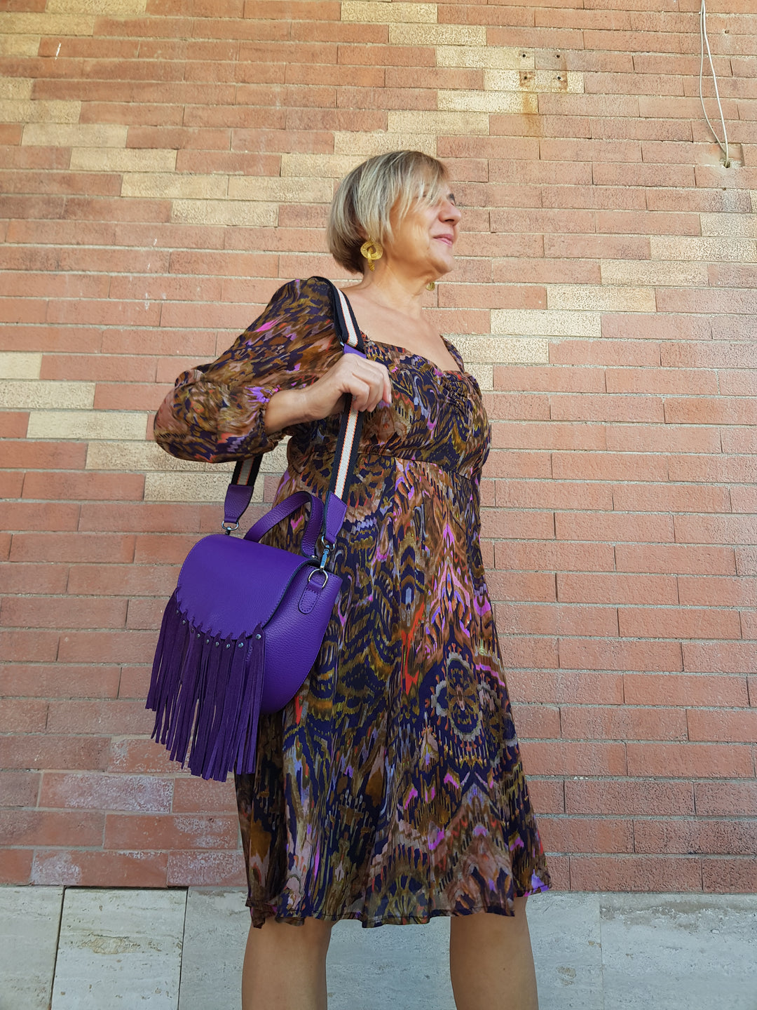 Abito fantasia in georgette - scollo a cuore manica lunga